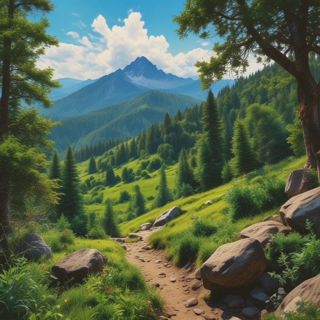 Beautiful mountain scene with blue sky and lush greenery